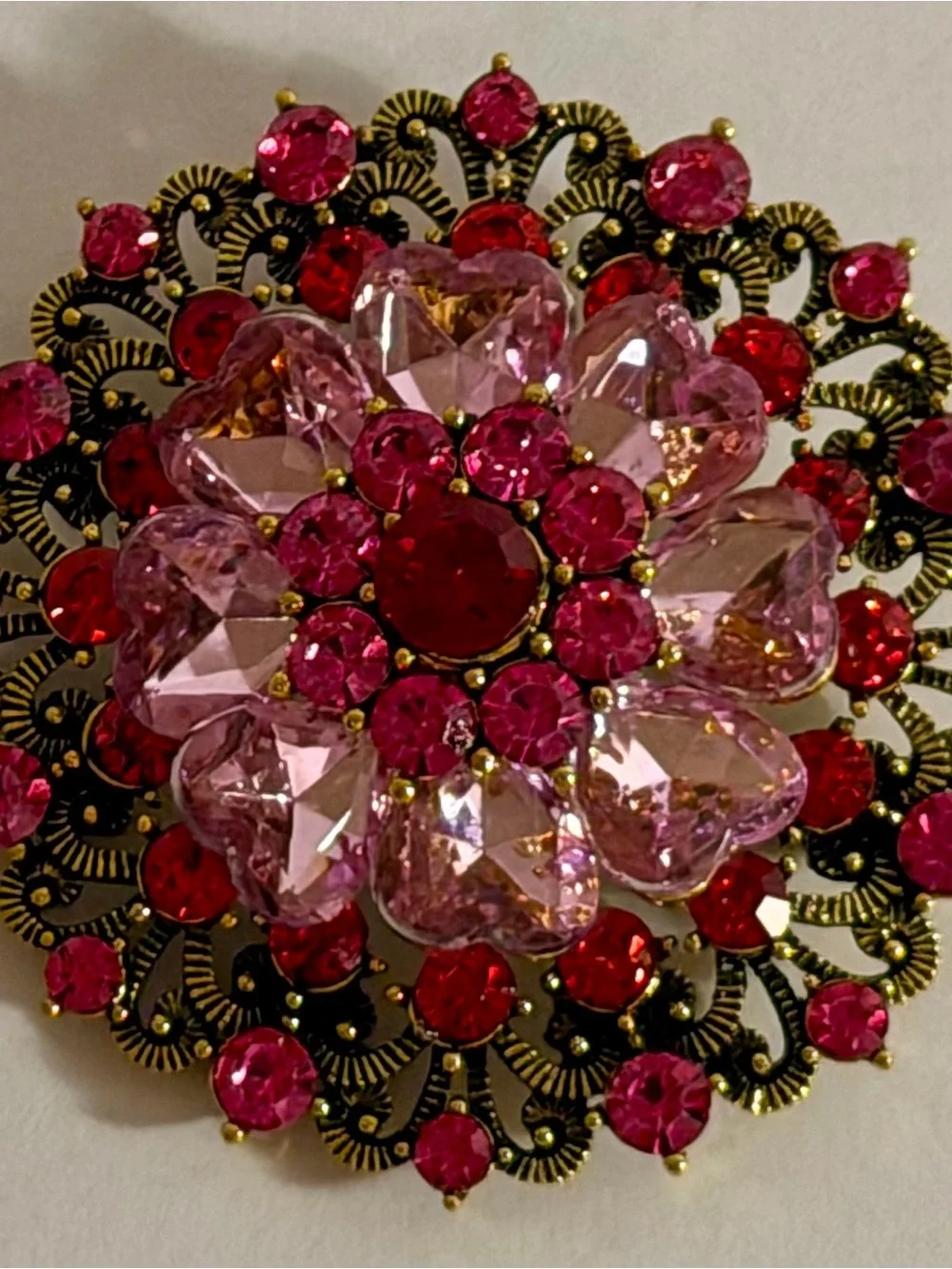 Vintage Style Pink Red Rhinestone Flower Brooch Gold Tone Filigree Statement Pin